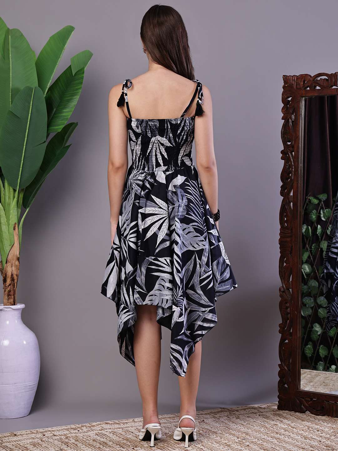 Women's Black & White Leaf Print Cotton Handkerchief Hem Dress Midi Dresses - Image 2