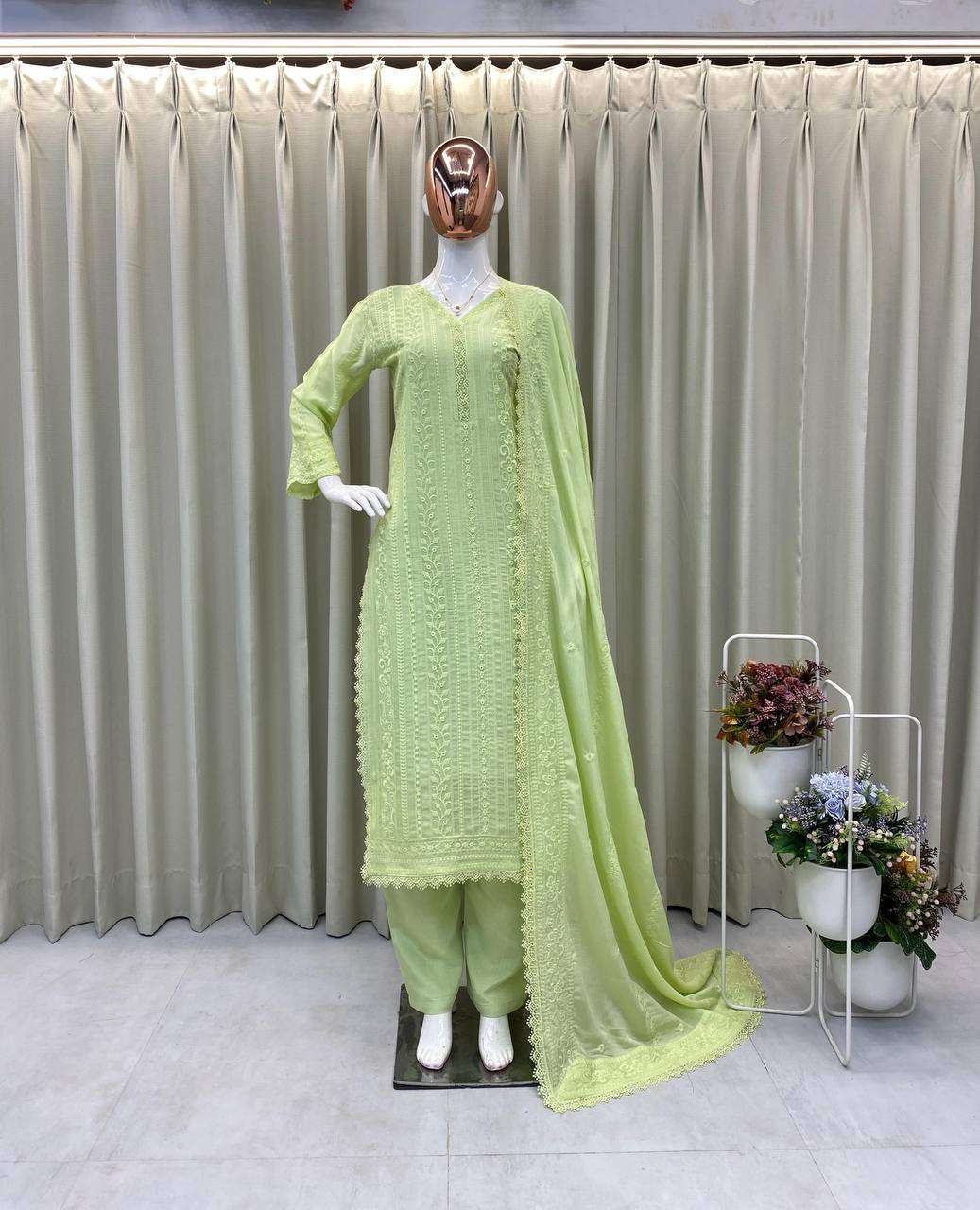 Women's Chinon Silk with Cotton Thread Embroidery Straight Kurti With Pant and Dupatta set - Image 13