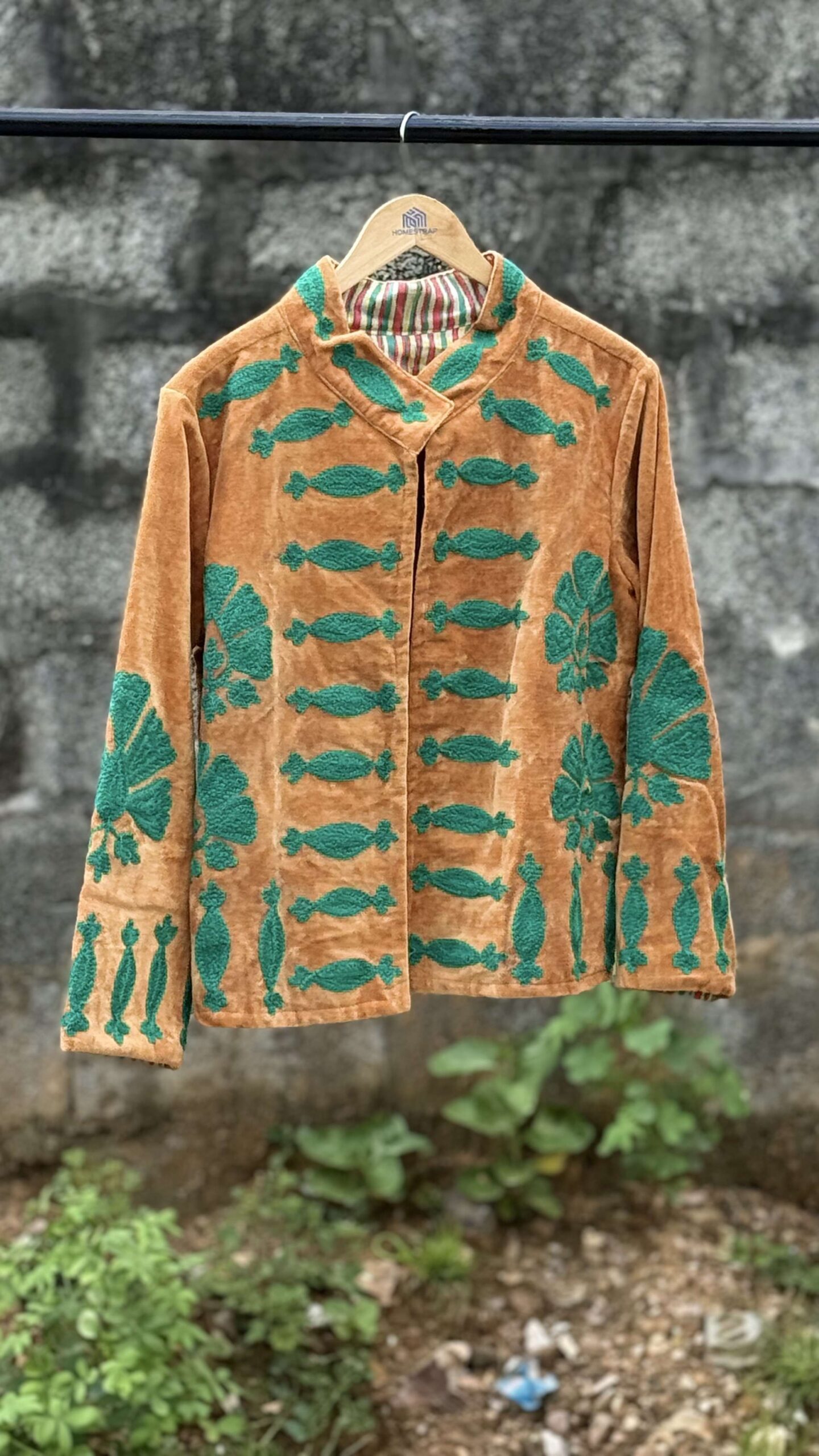 Womens Rust Velvet Embroidered Jacket with Floral Design - Image 2