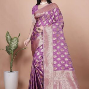 Royal Purple Banarasi Silk Saree with Golden Zari Butta | Floral & Teardrop Motifs | Wedding, Festive & Traditional Wear