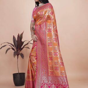 Orange & Pink Banarasi Silk Saree with Silver Zari | Wedding & Festive Saree | Traditional Banarasi Saree with Rich Contrast Pallu