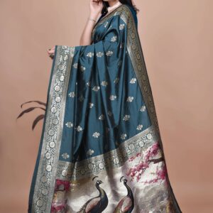 Teal Banarasi Silk Saree with Golden Zari & Peacock Pallu | Wedding, Festive & Traditional Wear