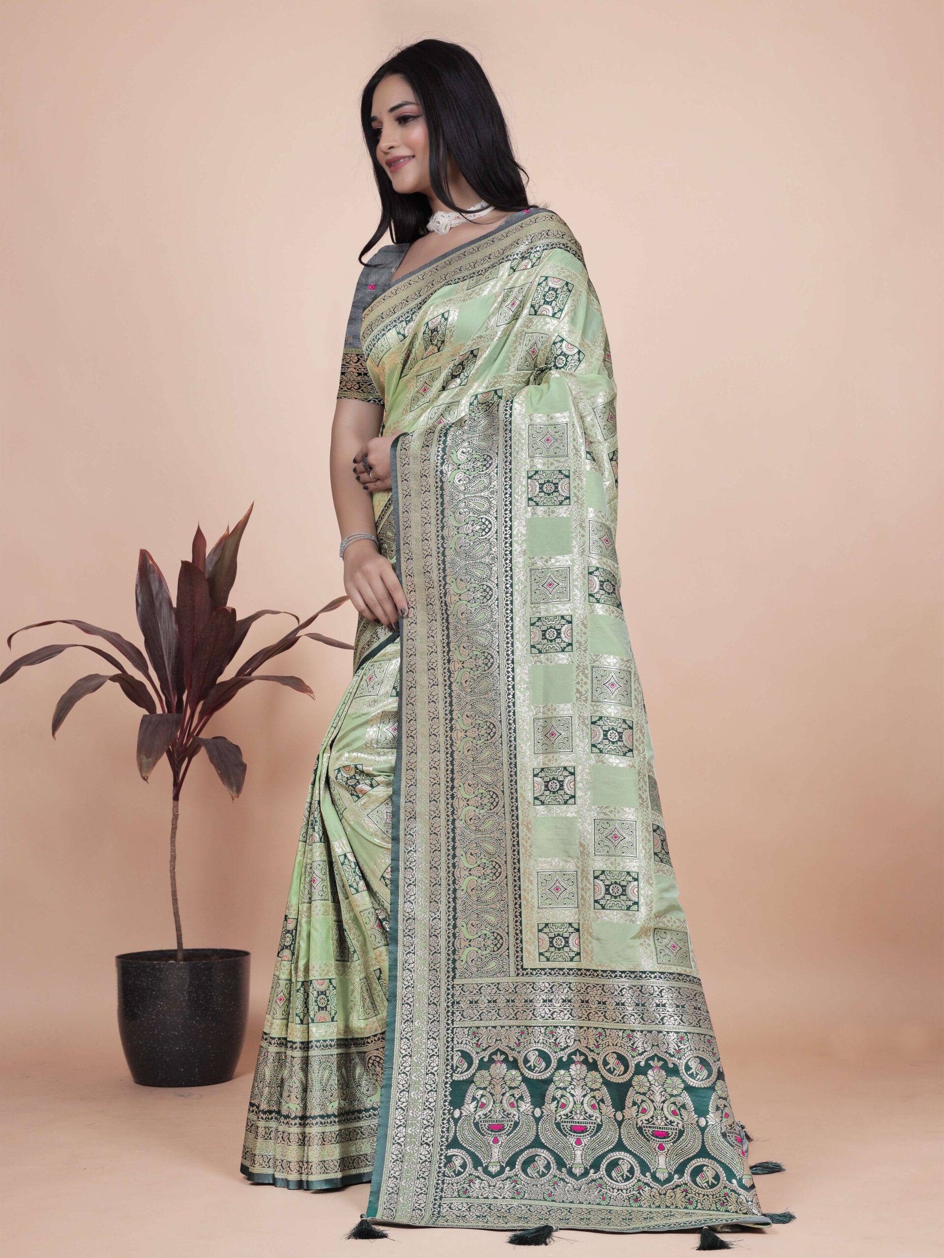 Pastel Green & Dark Green Banarasi Silk Saree with Silver Zari | Wedding & Festive Wear | Elegant Designer Banarasi Saree