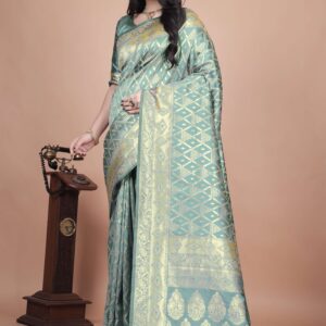Pastel Green Banarasi Silk Saree with Golden Zari Weaving | Geometric & Floral Design | Wedding & Festive Wear Saree