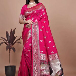 Majestic Magenta Silk Saree with Silver Zari & Twin Peacock Pallu | Wedding, Festive & Traditional Wear