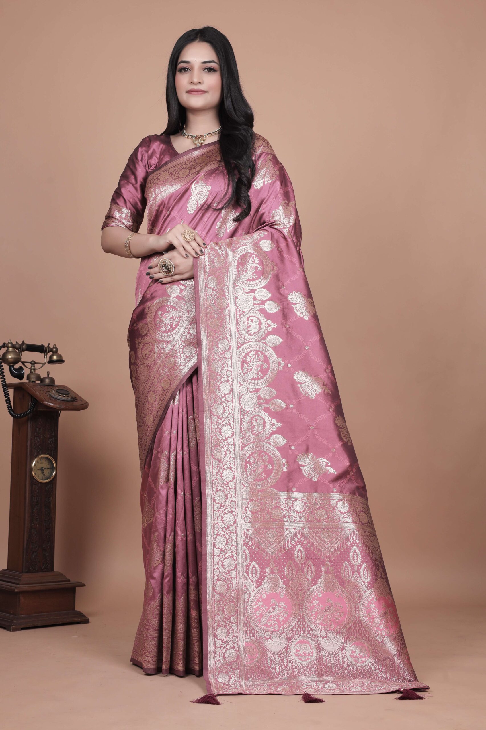 Rose Pink Banarasi Silk Saree with Silver Zari | Floral & Paisley Motifs | Wedding, Festive & Traditional Wear