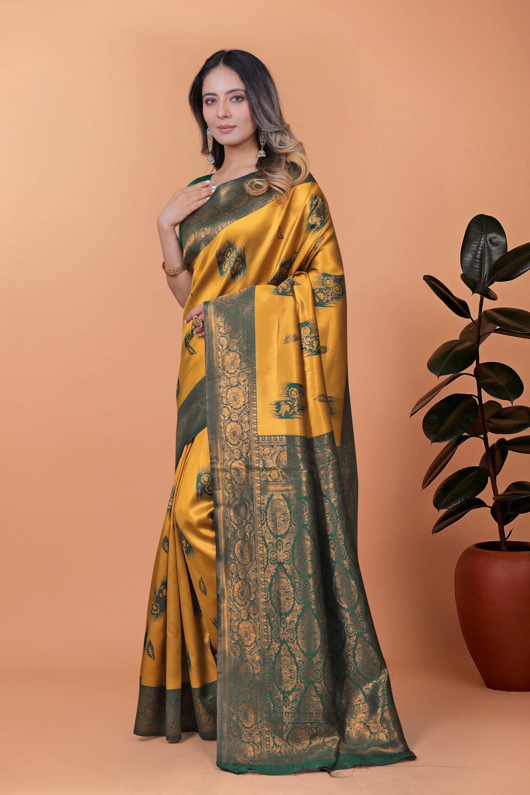 Mustard Yellow & Green Banarasi Silk Saree with Zari Weaving | Elegant Traditional Saree for Weddings, Festivals & Ethnic Occasions