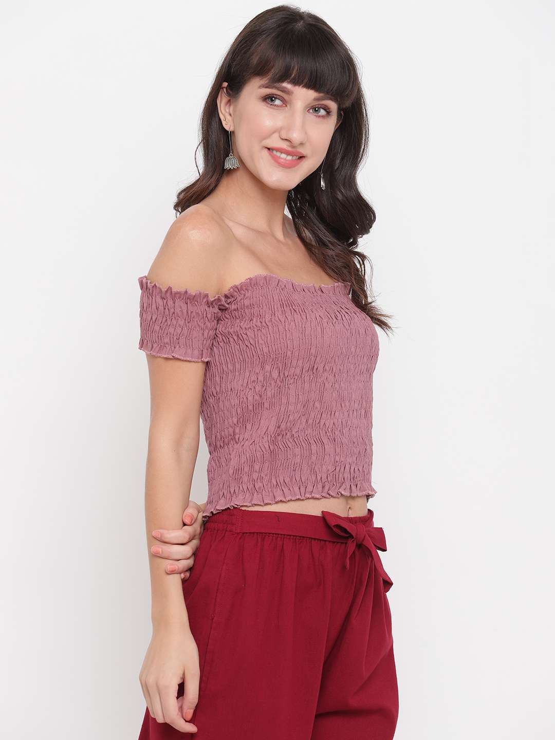 Women's Rayon Solid Off-Shoulder Smocked Crop Top Short Sleeve Casual Styles Tank Top (FREE SIZE) Multi29 - Image 2