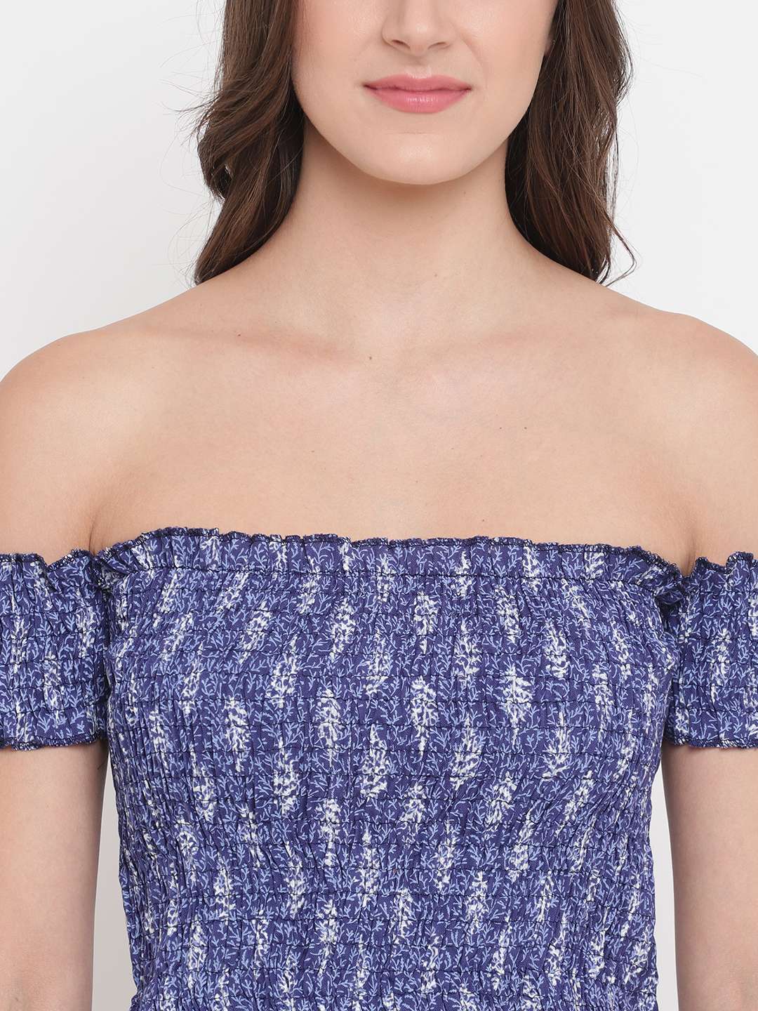 Women's Rayon Printed Off-Shoulder Smocked Crop Top Short Sleeve Casual Styles Tank Top (FREE SIZE) Multi44 - Image 3