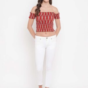 Women's Rayon Printed Off-Shoulder Smocked Crop Top Short Sleeve Casual Styles Tank Top (FREE SIZE) Multi43