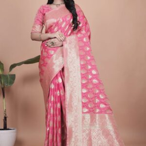 Rani Pink Banarasi Silk Saree with Golden Zari | Teardrop & Floral Butta Motifs | Wedding, Festive & Traditional Wear