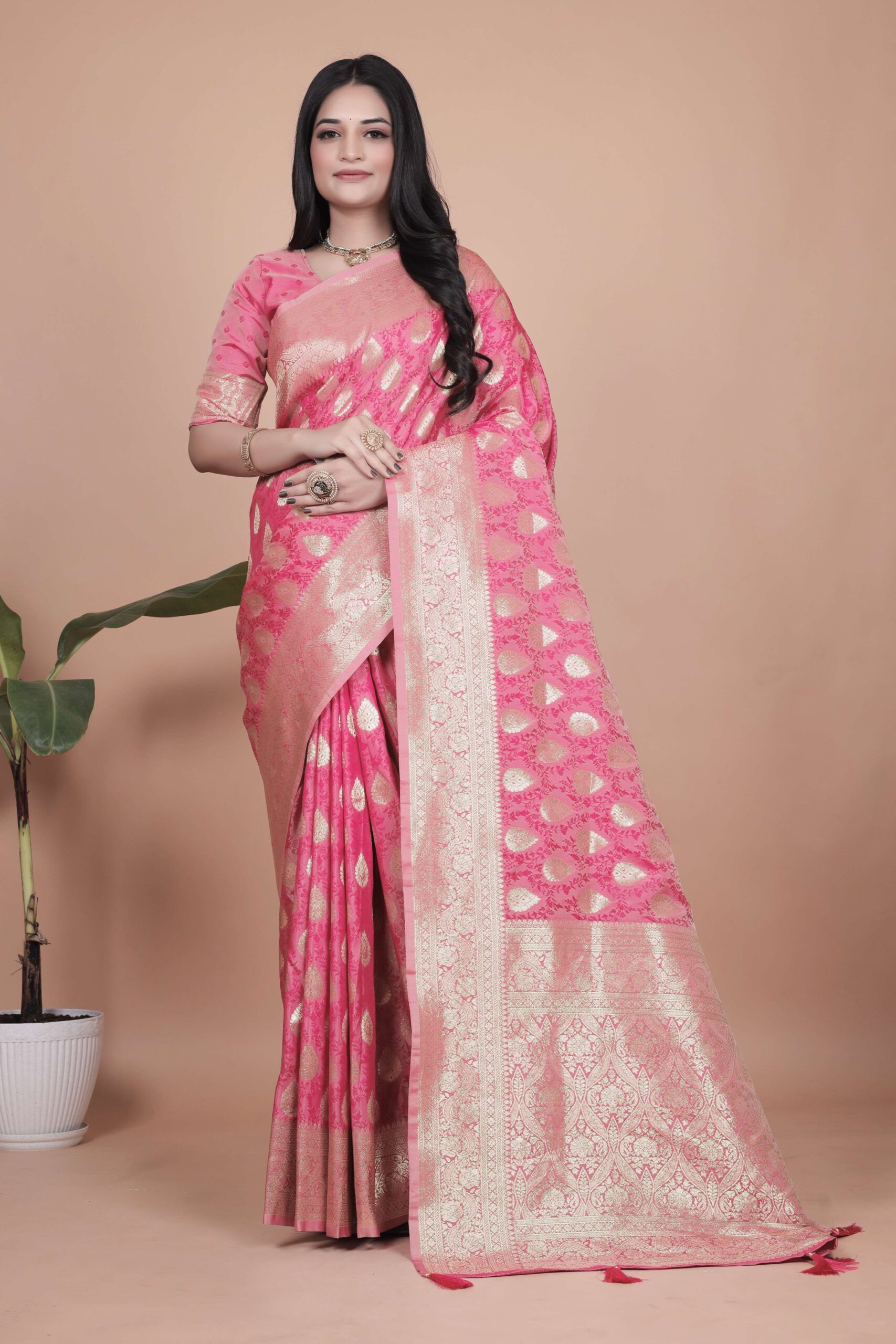 Rani Pink Banarasi Silk Saree with Golden Zari | Teardrop & Floral Butta Motifs | Wedding, Festive & Traditional Wear