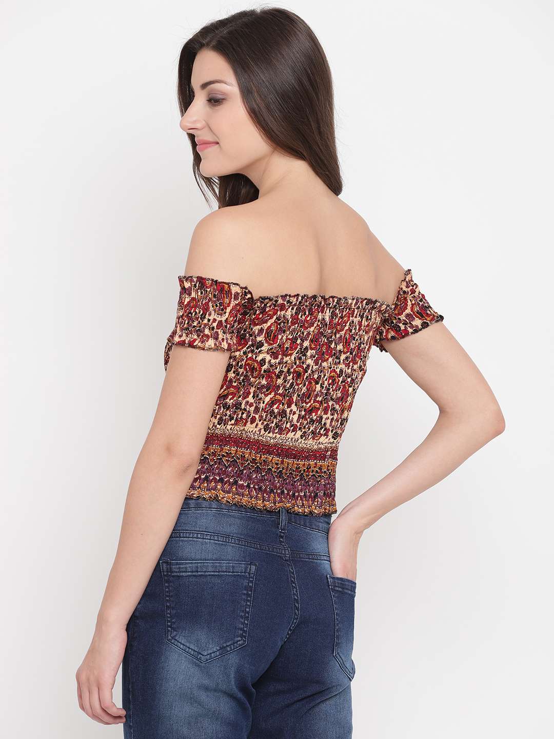 Women's Rayon Printed Off-Shoulder Smocked Crop Top Short Sleeve Casual Styles Tank Top (FREE SIZE) Multi3 - Image 2