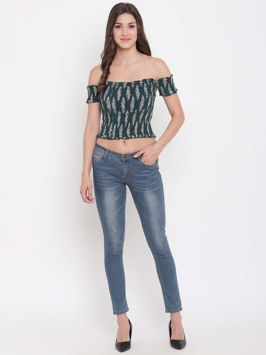 Women's Rayon Printed Off-Shoulder Smocked Crop Top Short Sleeve Casual Styles Tank Top (FREE SIZE) Multi37 - Image 2