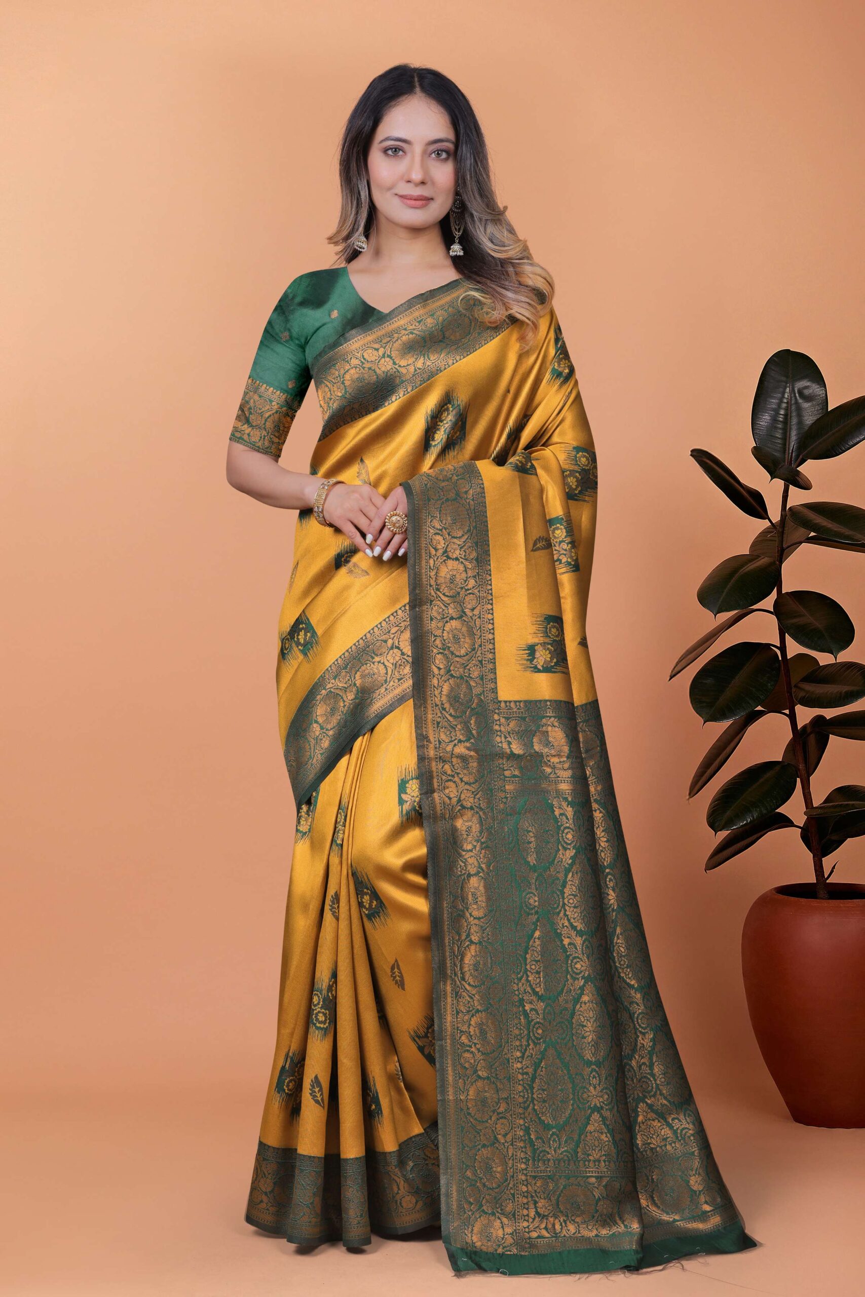 Mustard Yellow & Green Banarasi Silk Saree with Zari Weaving | Elegant Traditional Saree for Weddings, Festivals & Ethnic Occasions - Image 5