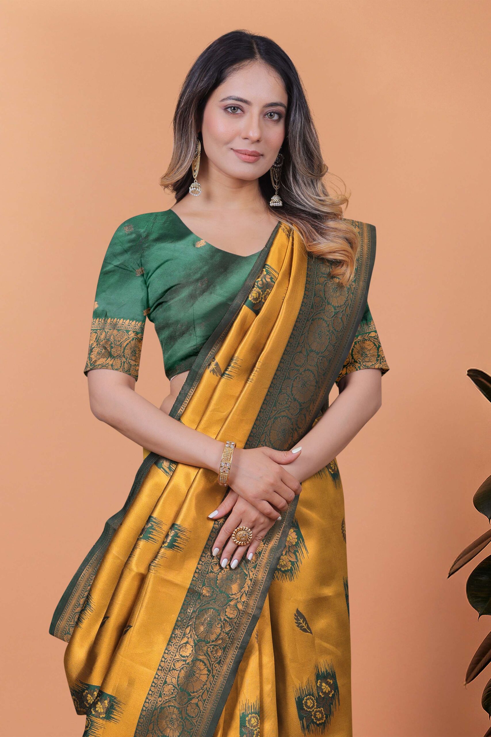 Mustard Yellow & Green Banarasi Silk Saree with Zari Weaving | Elegant Traditional Saree for Weddings, Festivals & Ethnic Occasions - Image 4