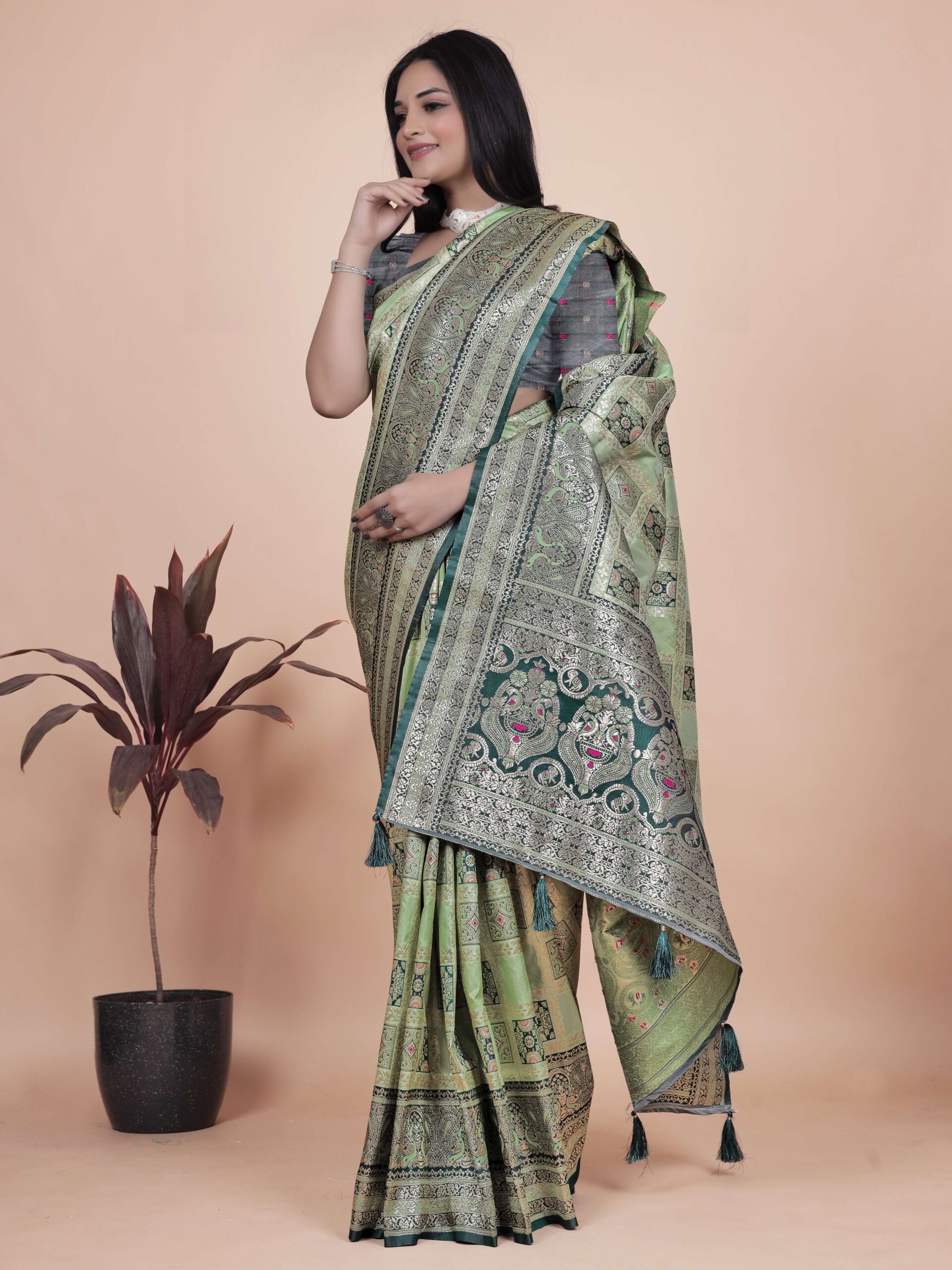 Pastel Green & Dark Green Banarasi Silk Saree with Silver Zari | Wedding & Festive Wear | Elegant Designer Banarasi Saree - Image 6