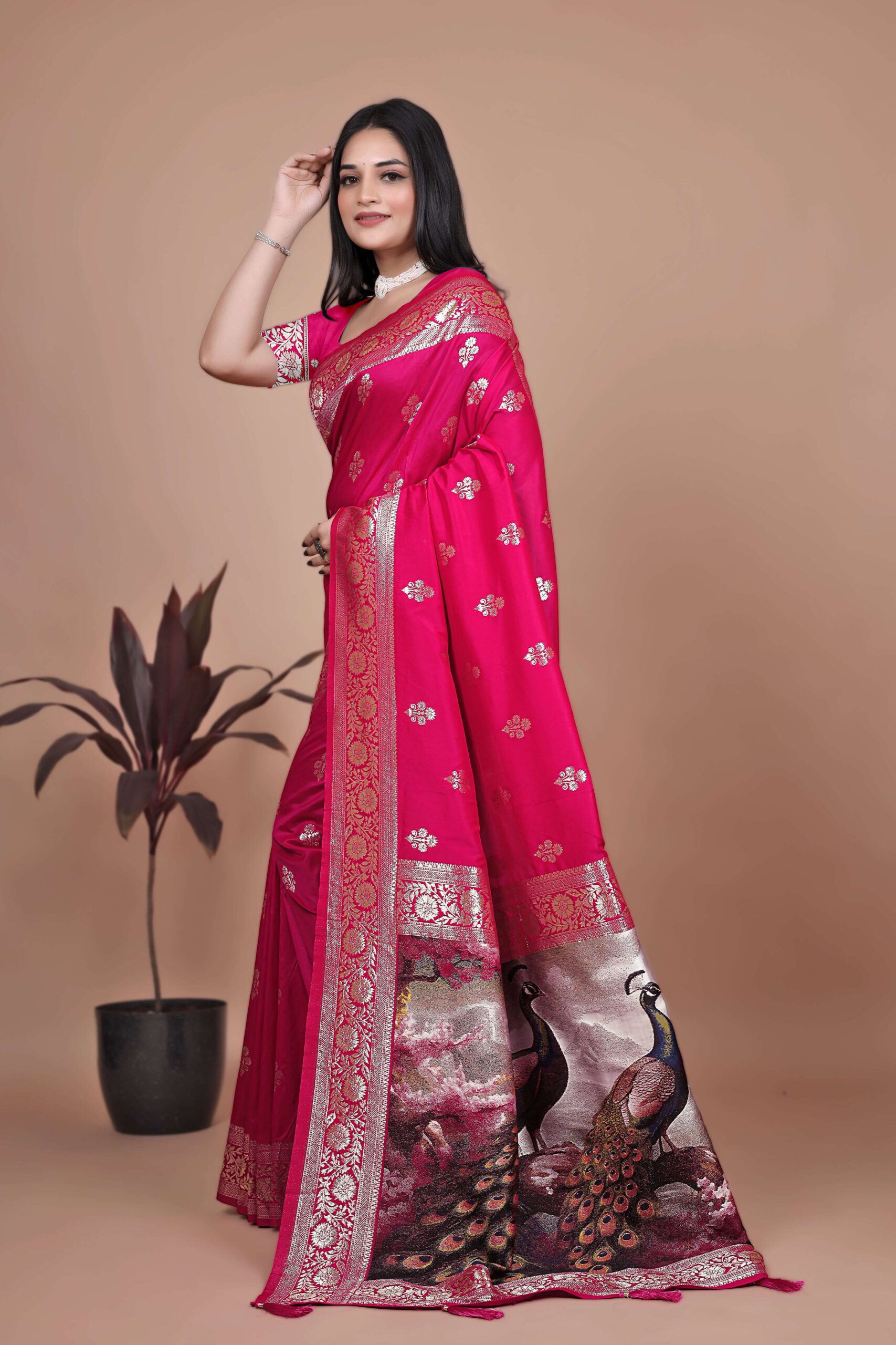 Majestic Magenta Silk Saree with Silver Zari & Twin Peacock Pallu | Wedding, Festive & Traditional Wear - Image 4