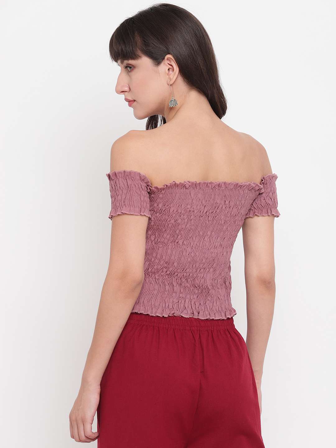 Women's Rayon Solid Off-Shoulder Smocked Crop Top Short Sleeve Casual Styles Tank Top (FREE SIZE) Multi29 - Image 3