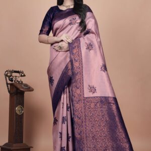 Mauve & Midnight Blue Banarasi Silk Saree with Copper Zari Lotus Motifs | Festive & Wedding Wear | Elegant Traditional Saree