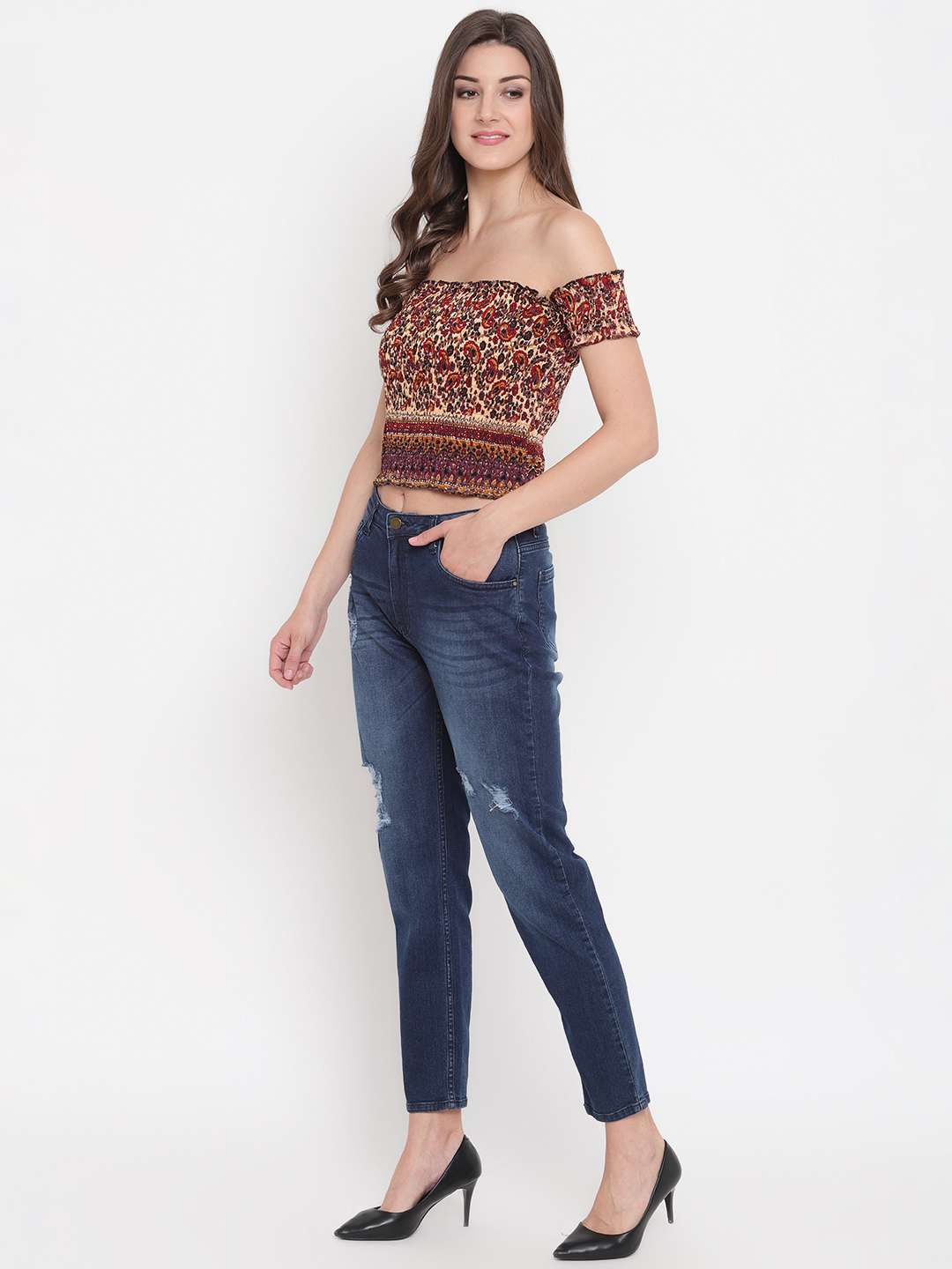 Women's Rayon Printed Off-Shoulder Smocked Crop Top Short Sleeve Casual Styles Tank Top (FREE SIZE) Multi3 - Image 3