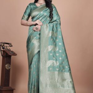 Mint Green Banarasi Silk Saree with Golden Zari & Peacock Design | Wedding, Festive & Traditional Wear | Designer Saree