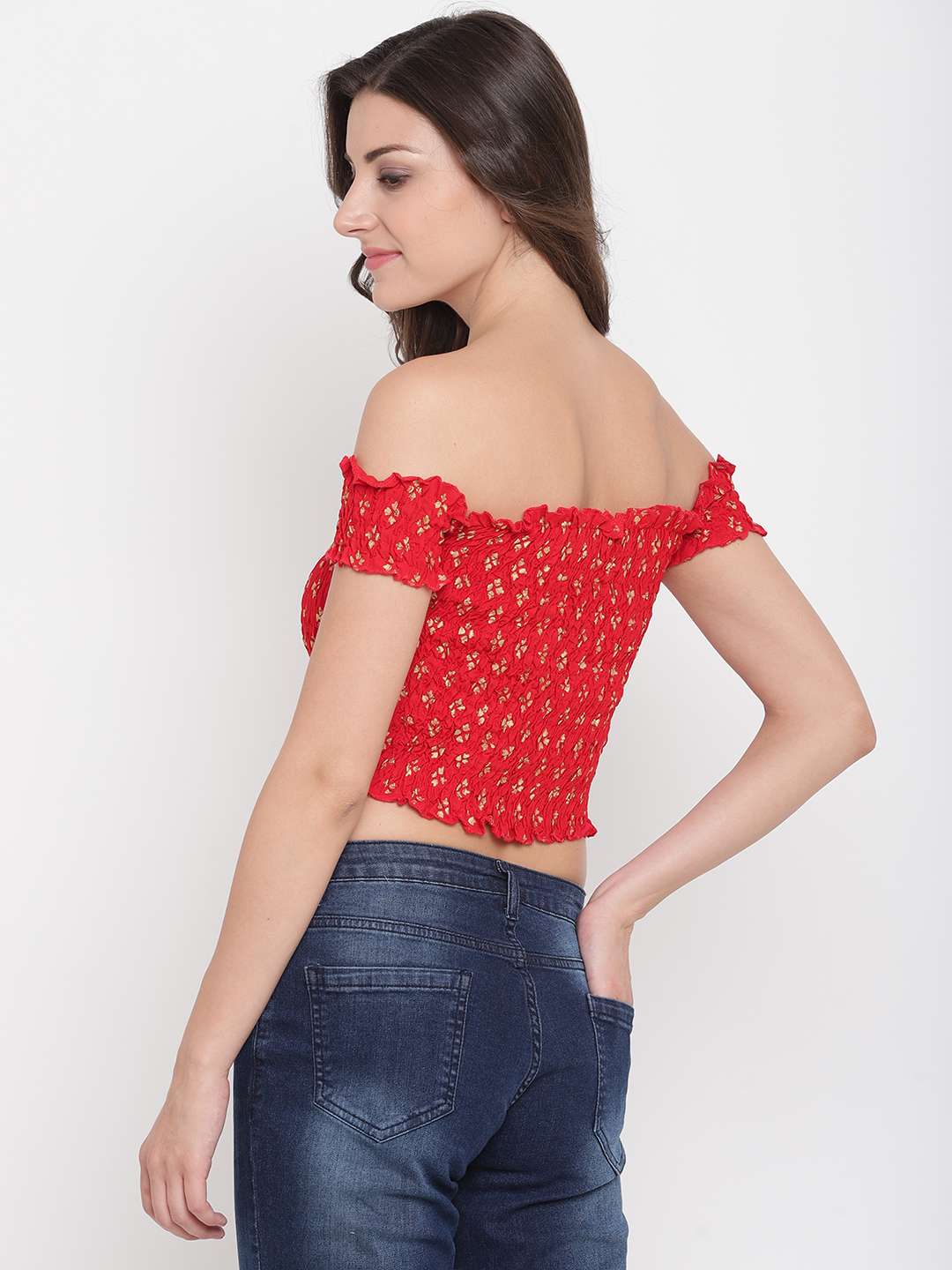 Women's Rayon Printed Off-Shoulder Smocked Crop Top Short Sleeve Casual Styles Tank Top (FREE SIZE) Multi9 - Image 3