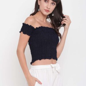 Women's Rayon Solid Off-Shoulder Smocked Crop Top Short Sleeve Casual Styles Tank Top (FREE SIZE) Multi20